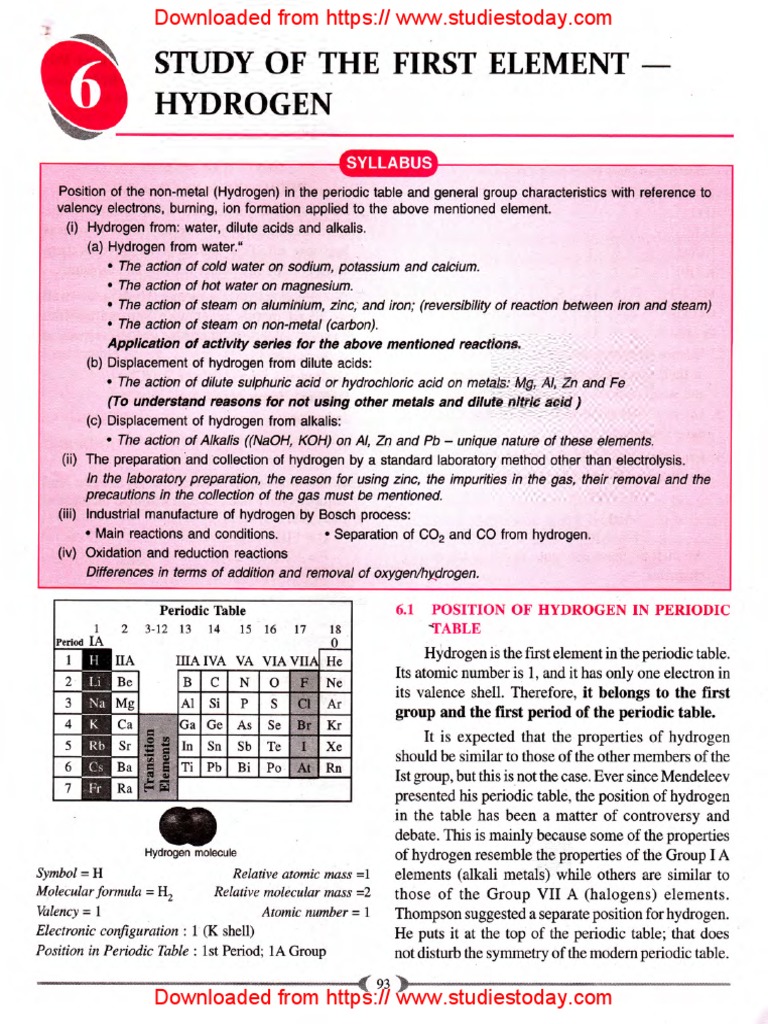 ICSE Class 9 Chemistry Chapter 06 Study of The First Element Hydrogen | PDF