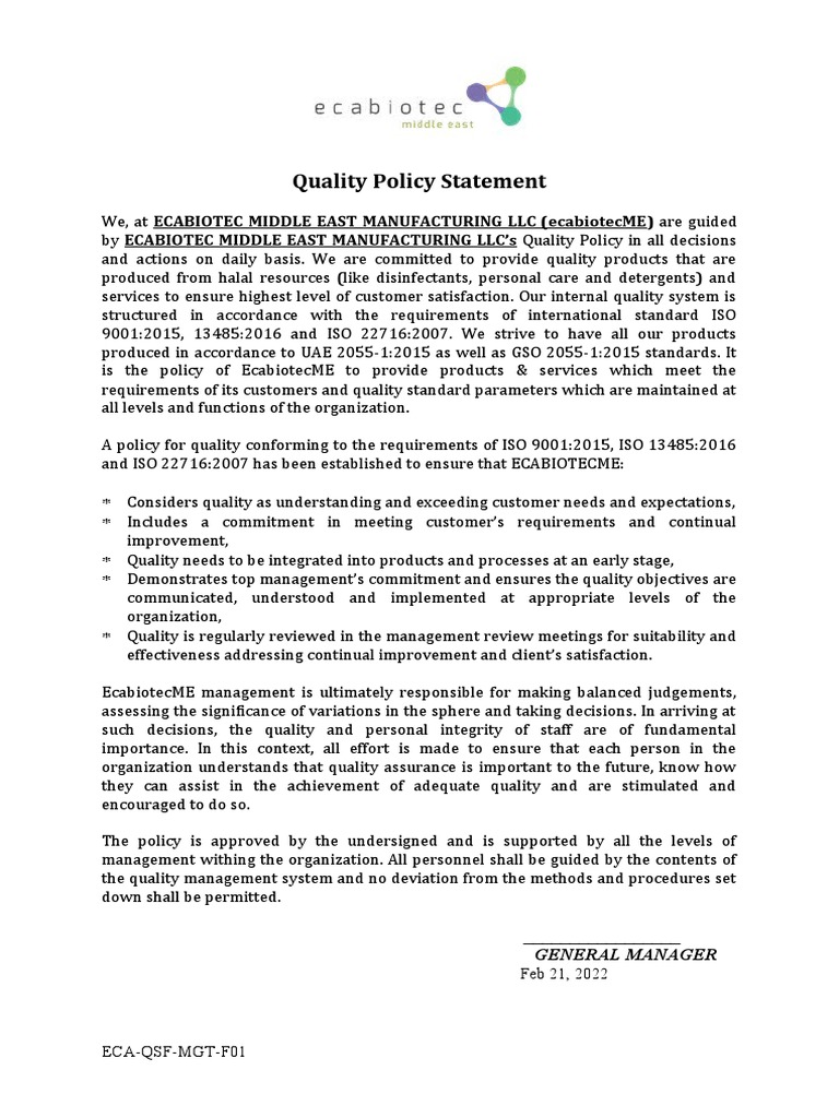 ECABIOTECME Quality Policy Overview | PDF | Quality Management ...