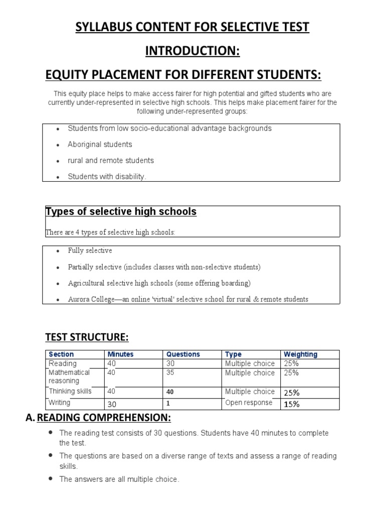 SYLLABUS CONTENT FOR SELECTIVE TEST | PDF | Multiple Choice | Reading ...