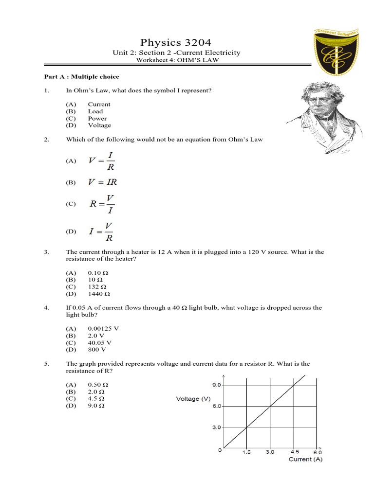 Physics 3204 Unit 2 Current Electricity Worksheet 4 Ohms Law 2016