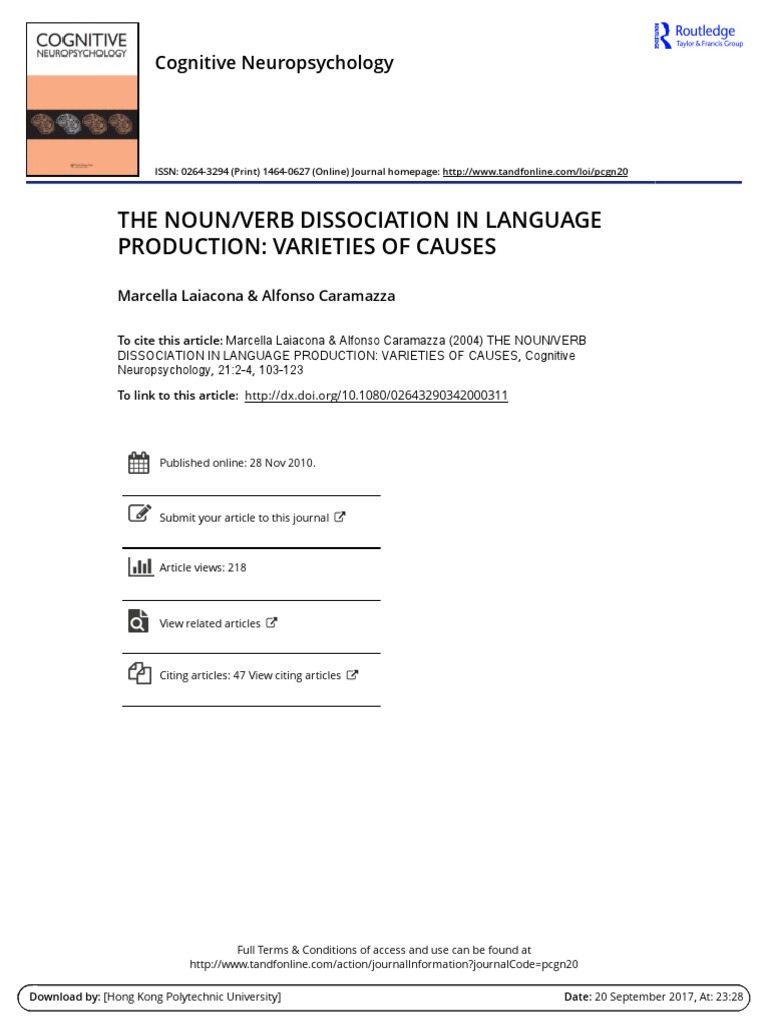 The Noun Verb Dissociation in Language Production Varieties of Causes ...