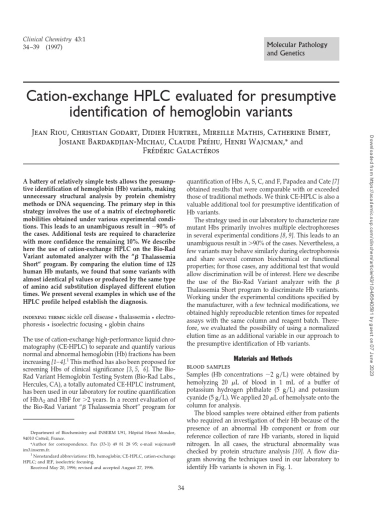 CationExchange HPLC Evaluated For Presumptive Identification of