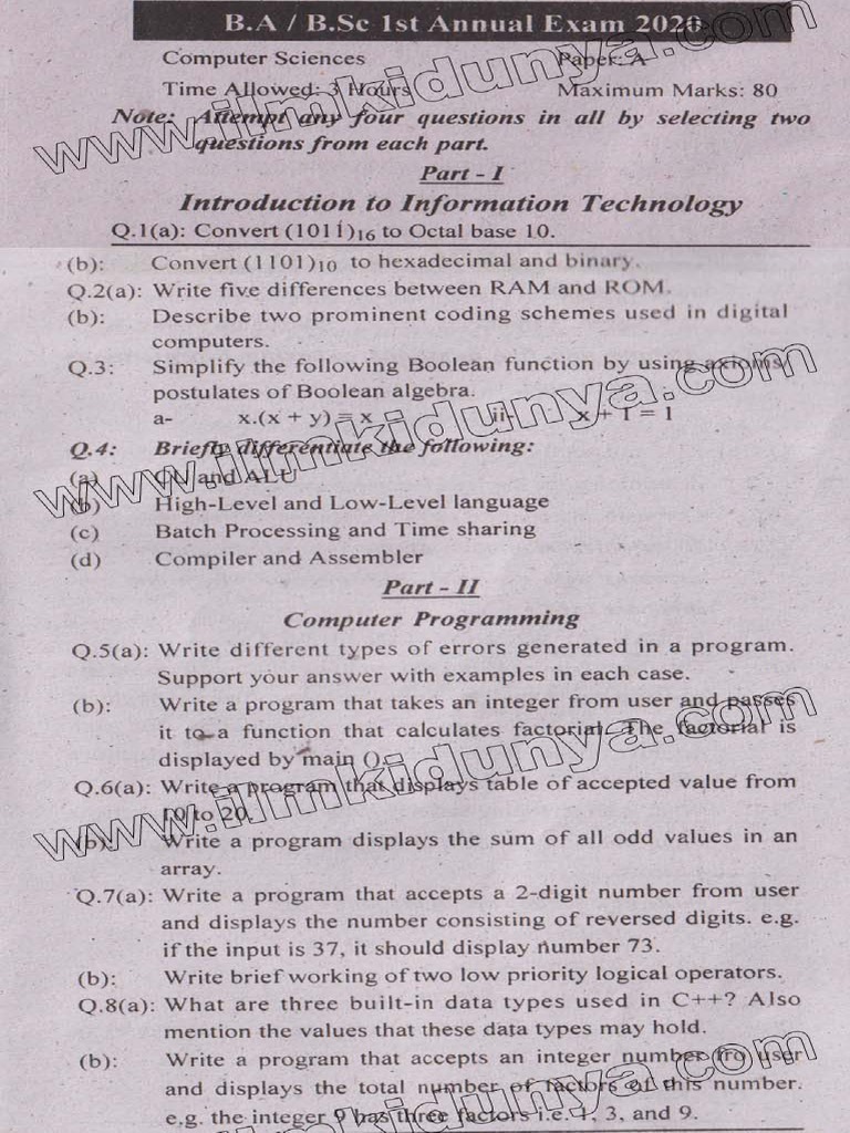 Past Paper BA BSC University of Sarghoda Computer Science Paper A 2020 ...