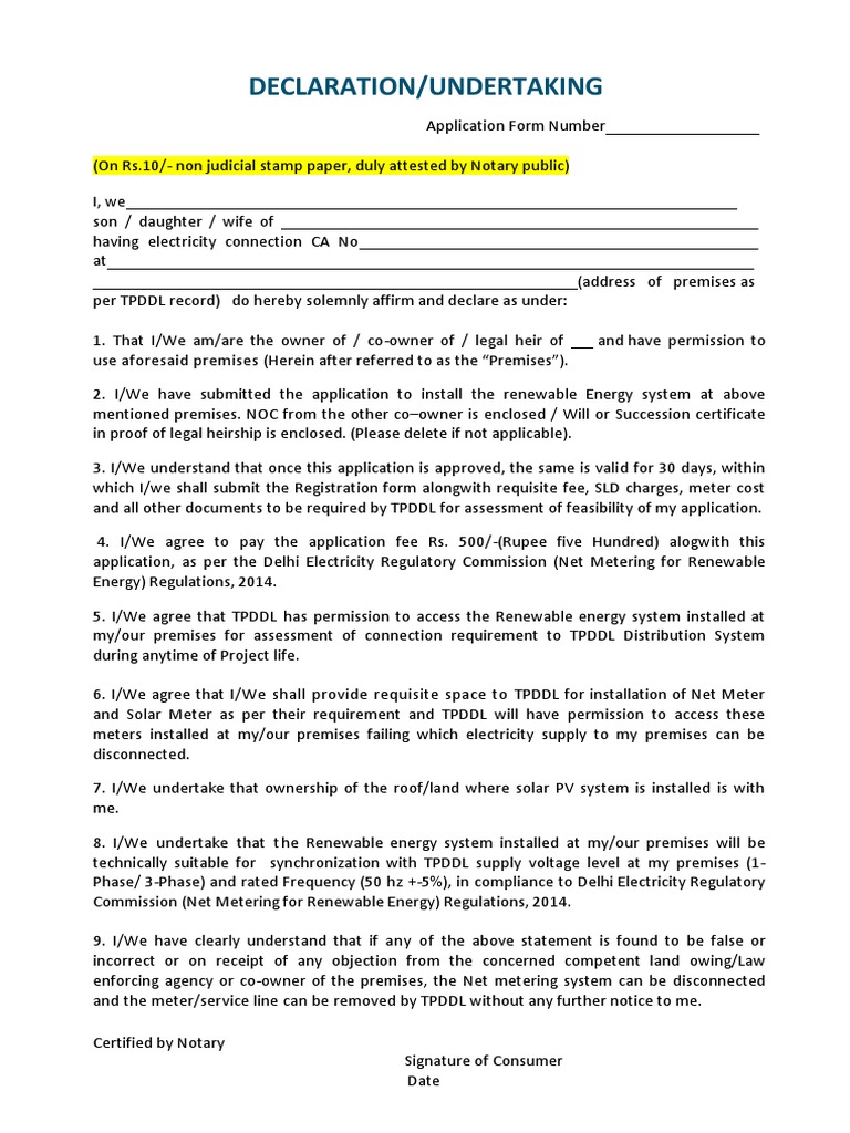TPDDL Net Metering Declaration Form Download Free PDF
