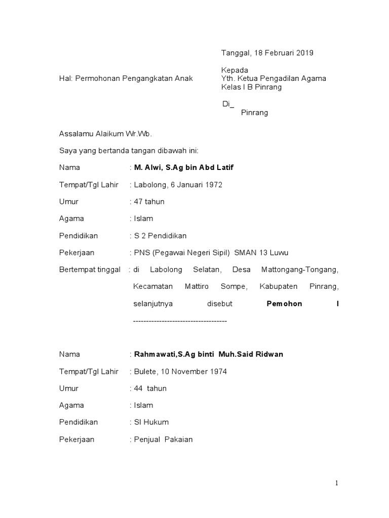 Contoh Permohonan Adopsi Anak Di Pengadilan | PDF