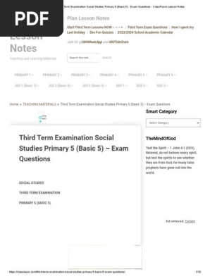 Third Term Examination Social Studies Primary 5 (Basic 5) - Exam Questions - ClassRoom Lesson Notes