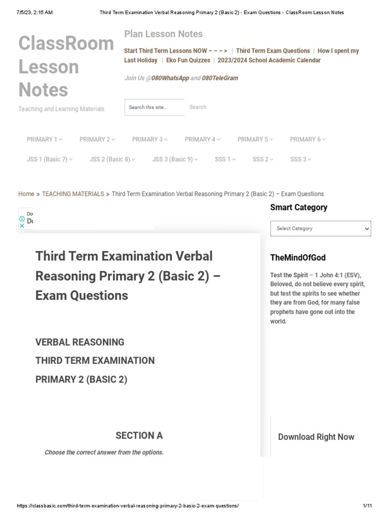 Primary 2 Third Term Verbal Reasoning Exam | PDF | Teachers | Classroom
