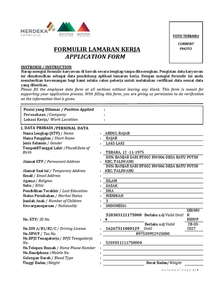 Application Form Recruitment Merdeka Wetar (BTR BKP) | PDF