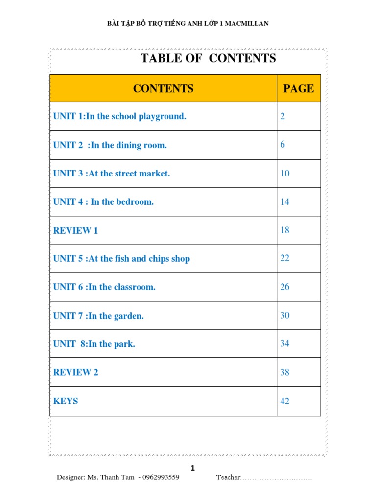 Table of Contents: UNIT 1:in The School Playground | PDF