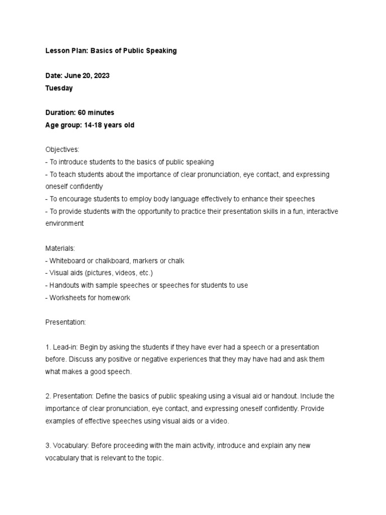 930AM Lesson Plan Intro To Public Speaking Download Free PDF Body