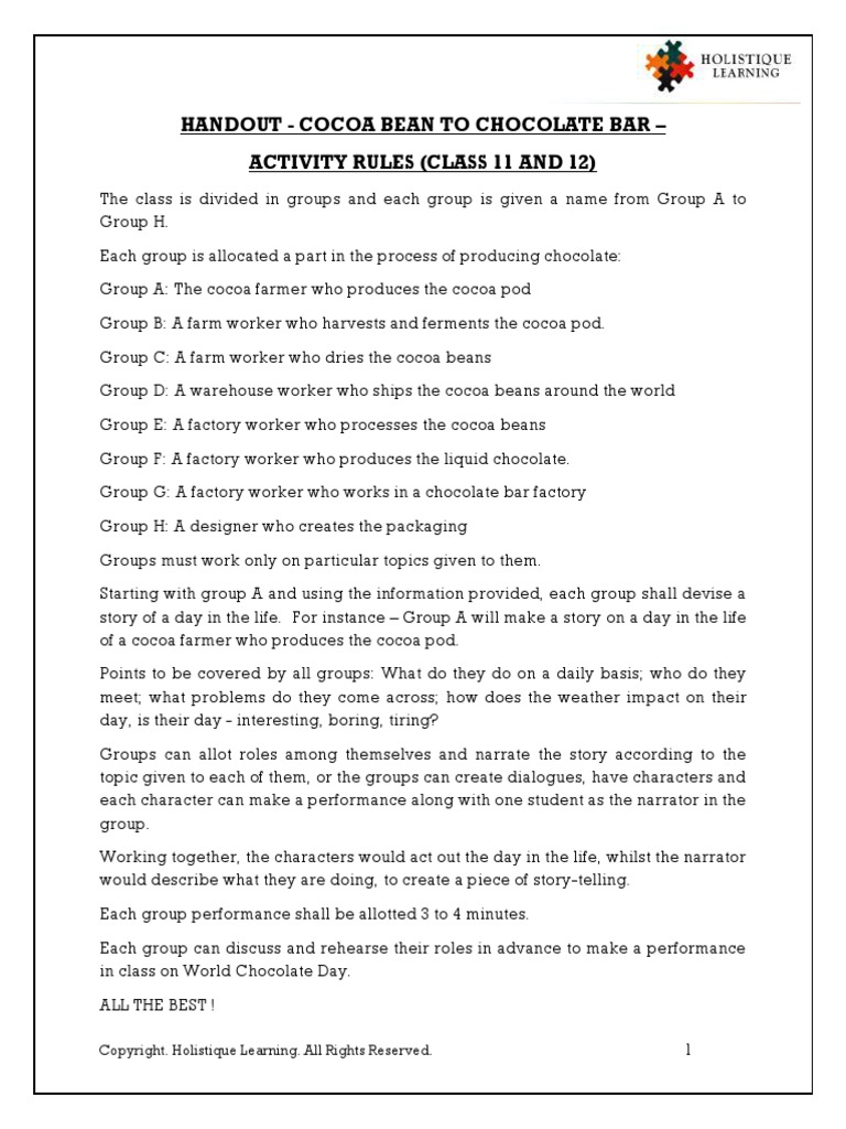 Handout Cocoa Bean To Chocolate Bar Activity Rules (Class 11 and 12