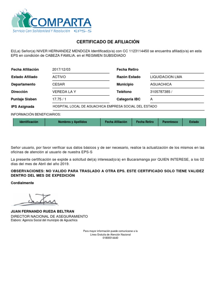 Certificacion de Afiliacion Comparta Niver | PDF