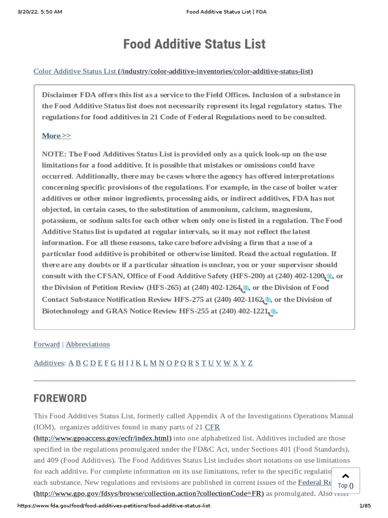 Food Additive Status List FDA PDF Food And Drug Administration