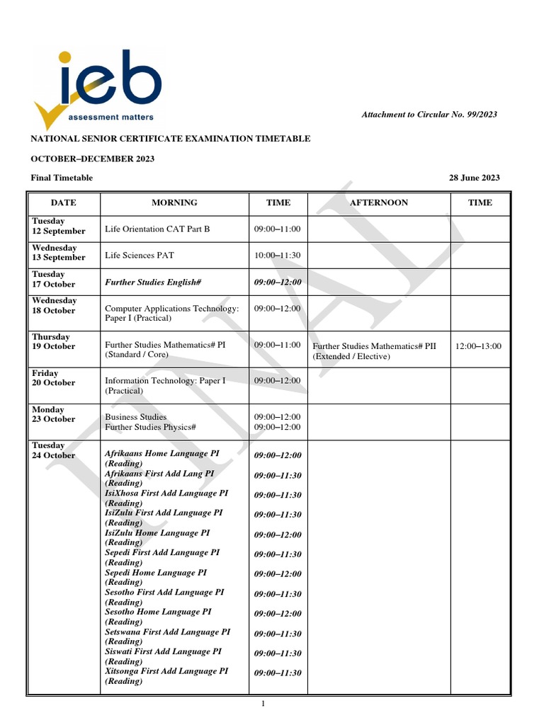2023 NSC Final IEB Timetable PDF Linguistics Languages