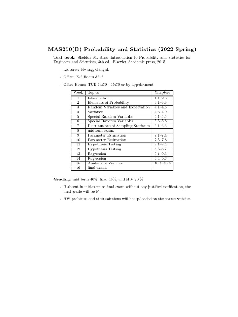 MAS250 Probability and Statistics Syllabus | PDF | Science & Mathematics