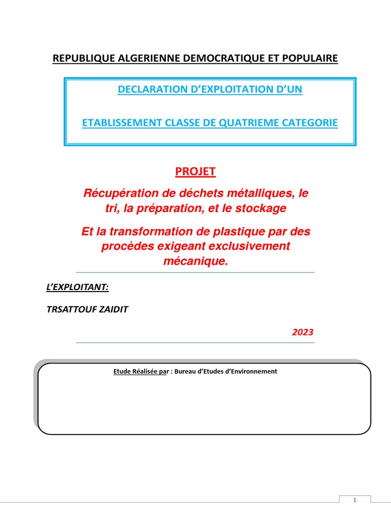 Déclaration d'Exploitation d'Établissement | PDF | Gestion des déchets ...