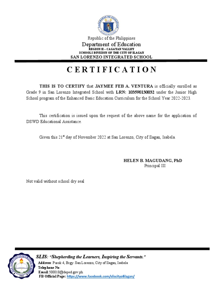 School Enrollment Certification Details | PDF | Social Institutions