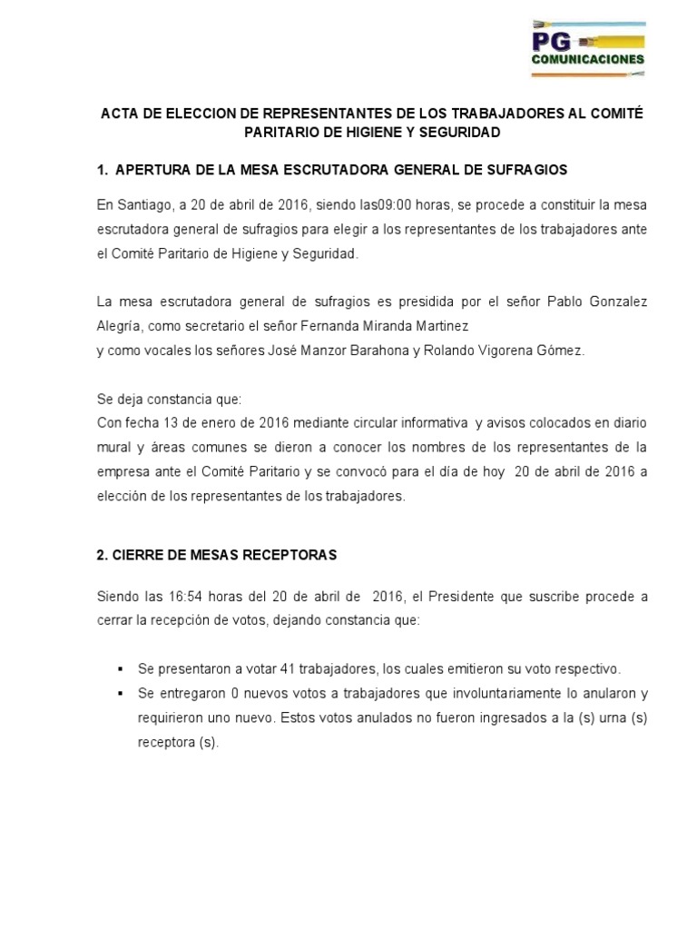Acta de Elecciones CPHS PG Comunicaciones PDF Elecciones Gobierno