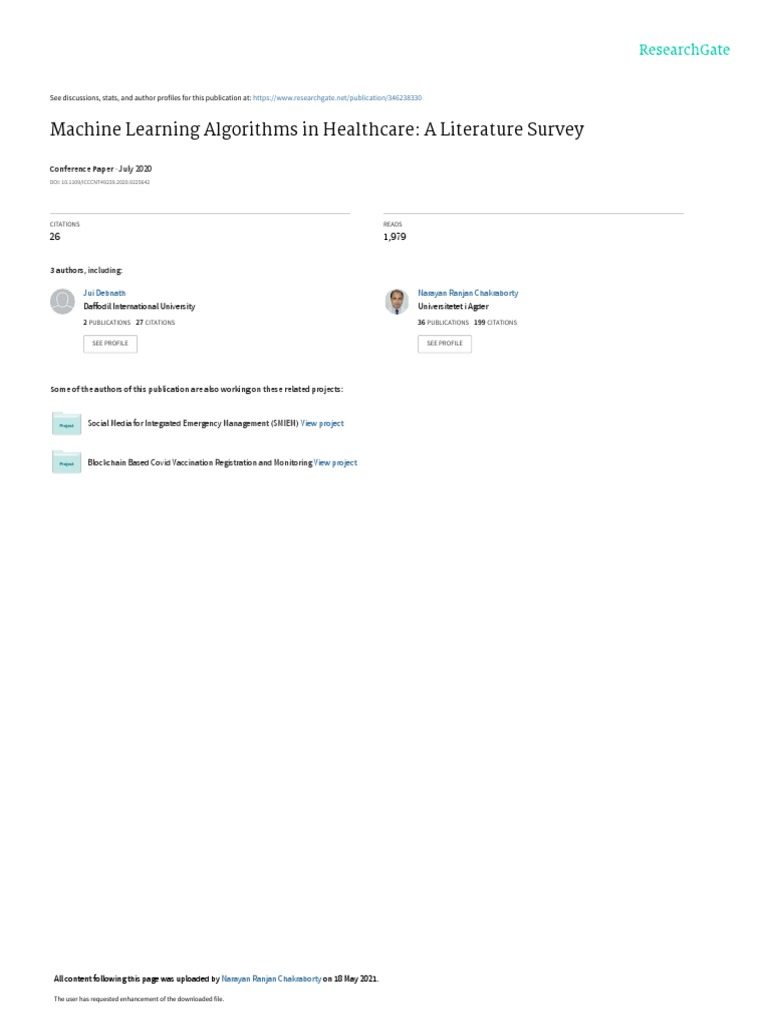 Machine Learning Algorithms in Healthcare A Litterature Survey | PDF ...