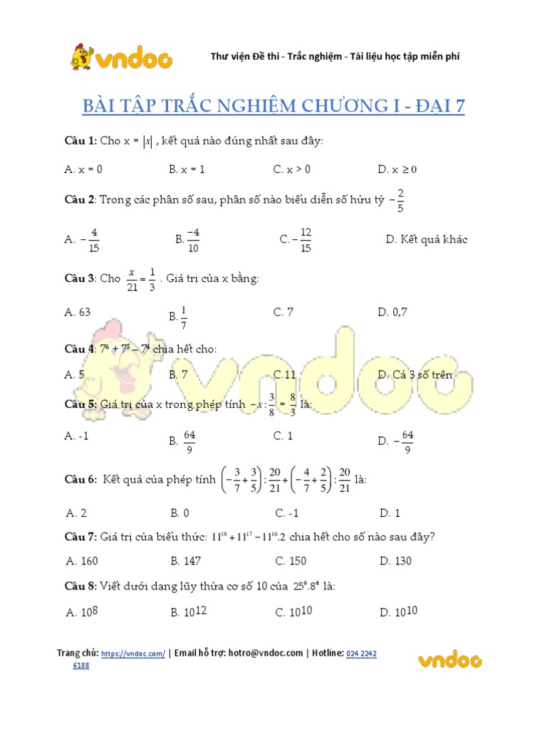 Bai Tap Trac Nghiem Toan Lop 7 Chuong 1 Co Dap An | PDF