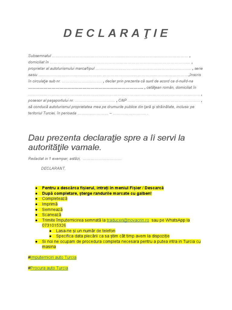 Model Imputernicire Procura Auto Turcia Intre Persoane Fizice PDF