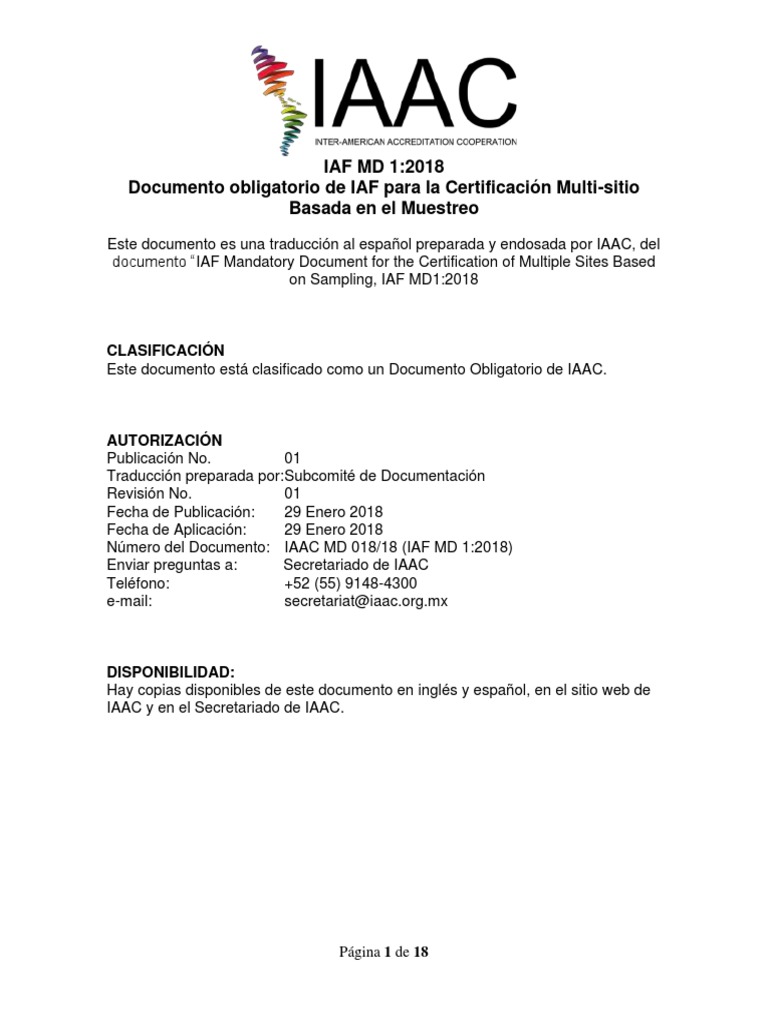 IAF MD 1:2018 Certificación Multi-sitio | PDF | Auditoría | Business