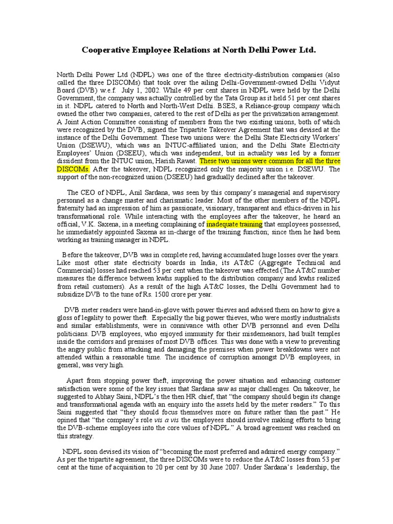 NDPL Employee Relations and Transformation | PDF | Employment | Human ...