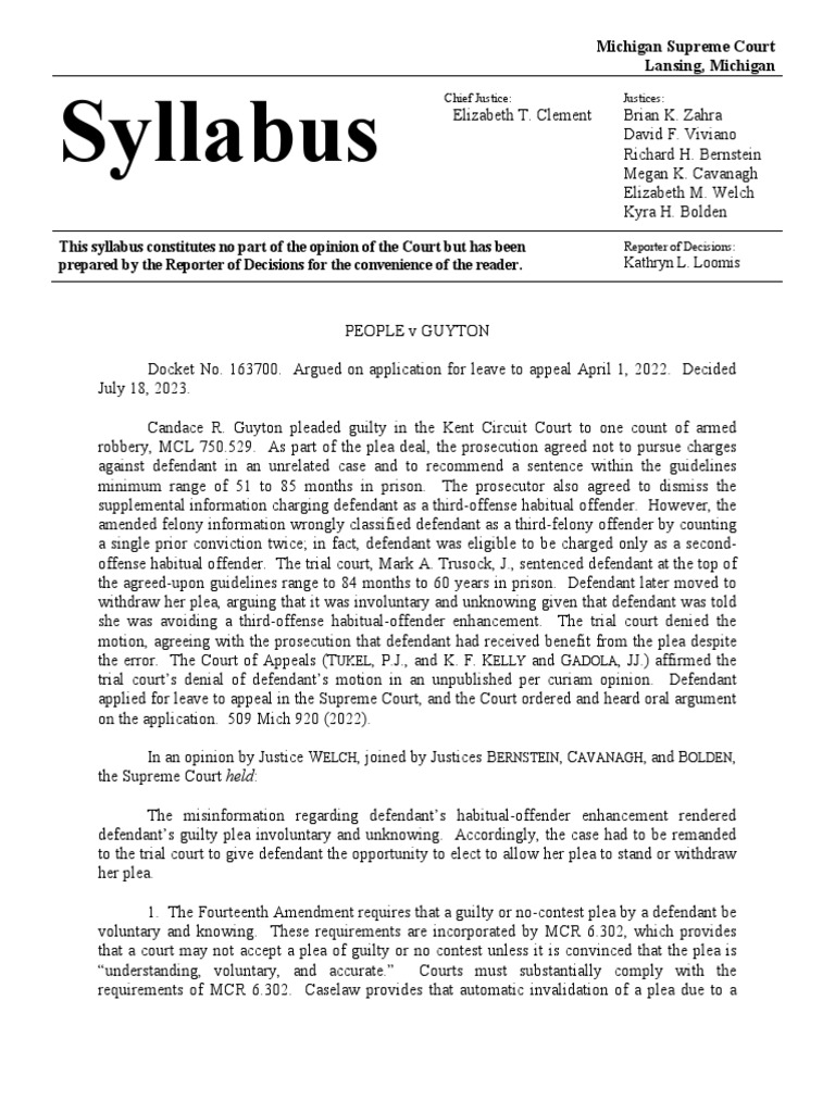 Michigan Supreme Court Guyton Opinion PDF Plea Plea Bargain