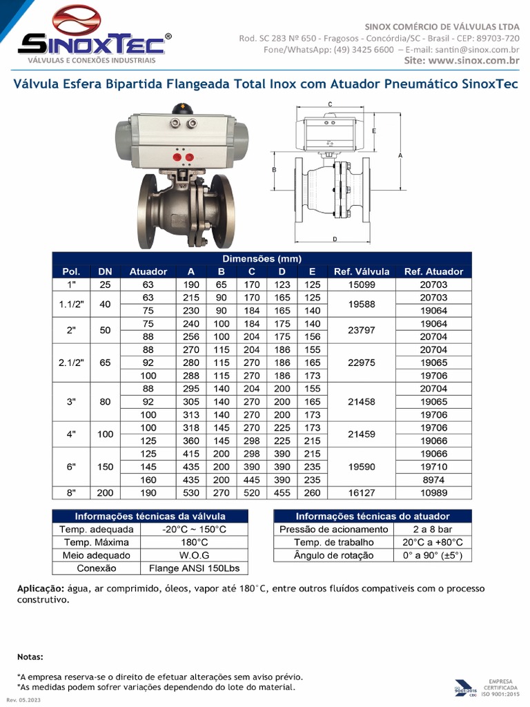 Valvula Esfera Bipartida Flangeada Total Inox Atuada SinoxTec 2 | PDF