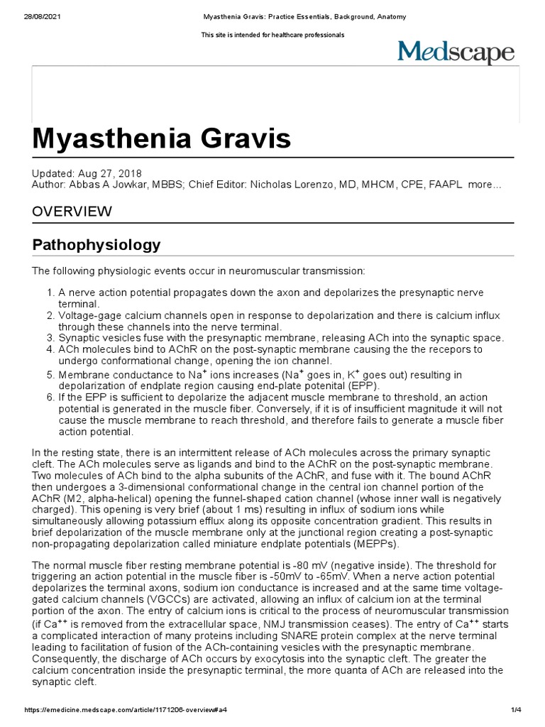 Myasthenia Gravis Pathophysiology PDF Neuromuscular Junction