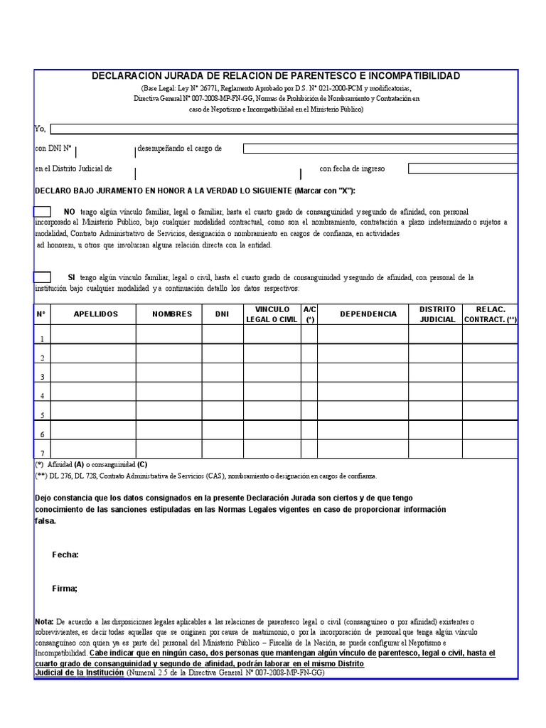 Declaracion Jurada de Relacion de Parentesco E Incompatibilidad ...