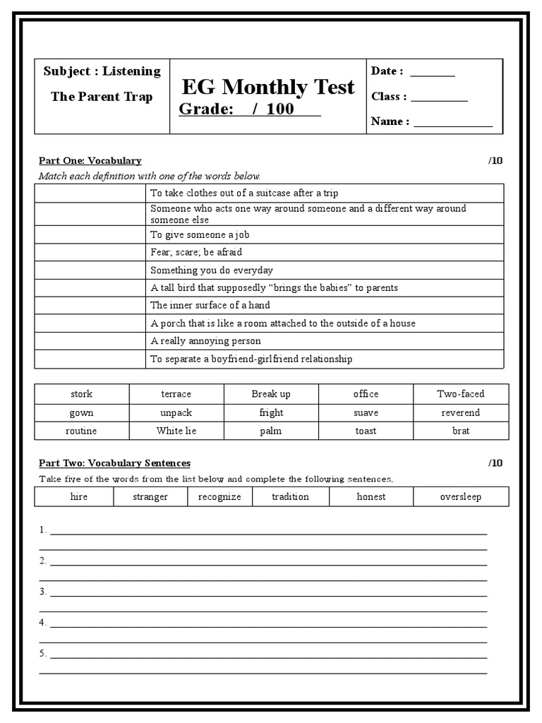 Vocabulary and Comprehension: Parent Trap | PDF
