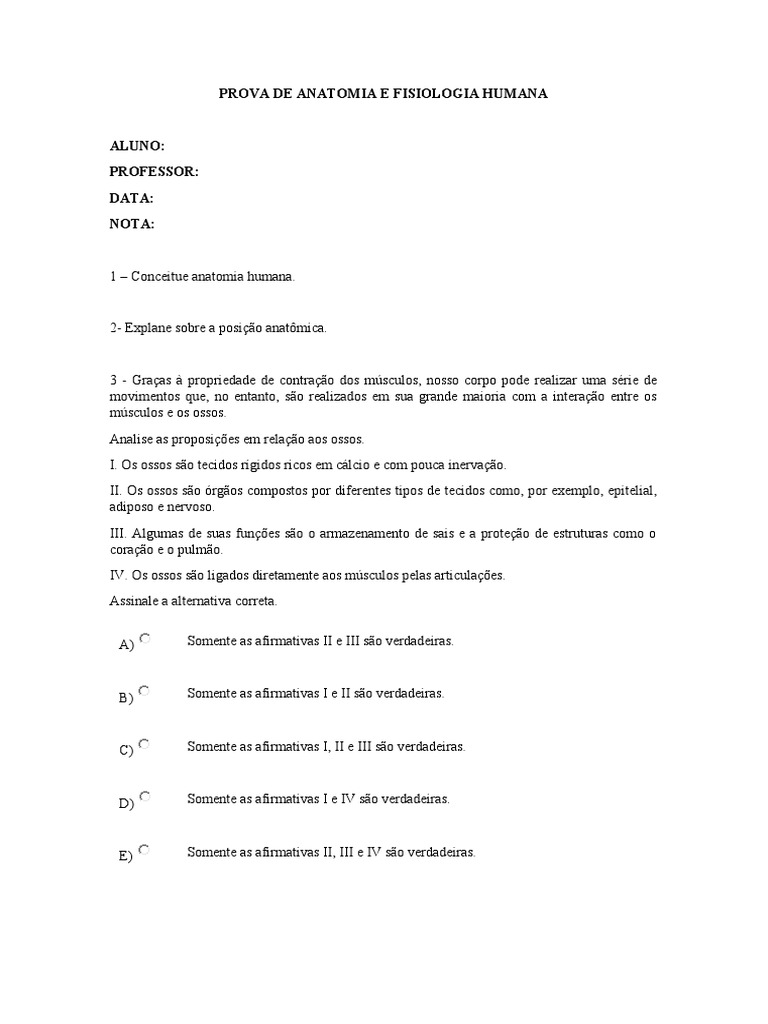 Prova De Anatomia E Fisiologia Humana Pdf Corpo Humano Anatomia