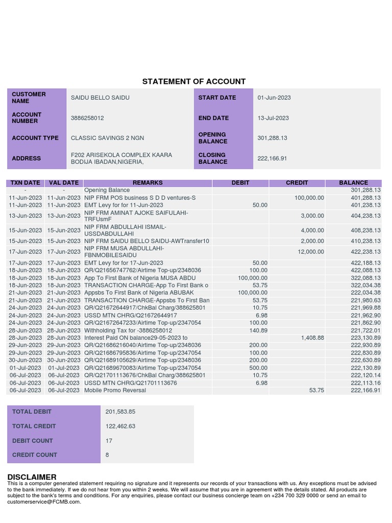 01 jun 2023 to 13 jul 2023 fcmb statement pdf debit card business