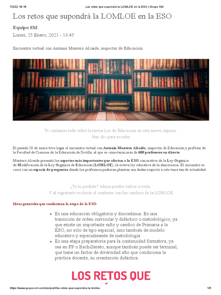 Los Retos Que Supondrá La LOMLOE en La ESO - Grupo SM | PDF | Plan de ...