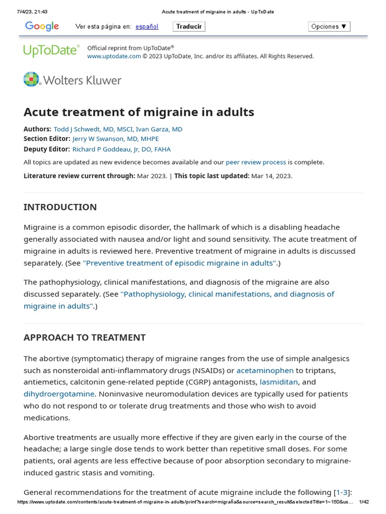 Acute Treatment of Migraine in Adults UpToDate PDF Migraine