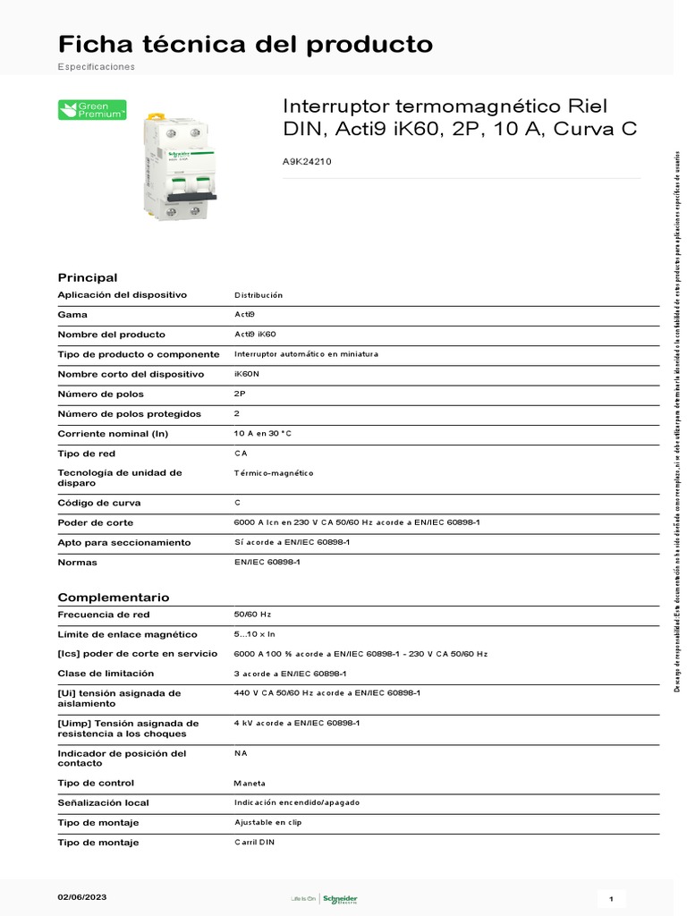 Ficha Técnica Interruptor Termomagnético Schneider A9K24210 | PDF ...