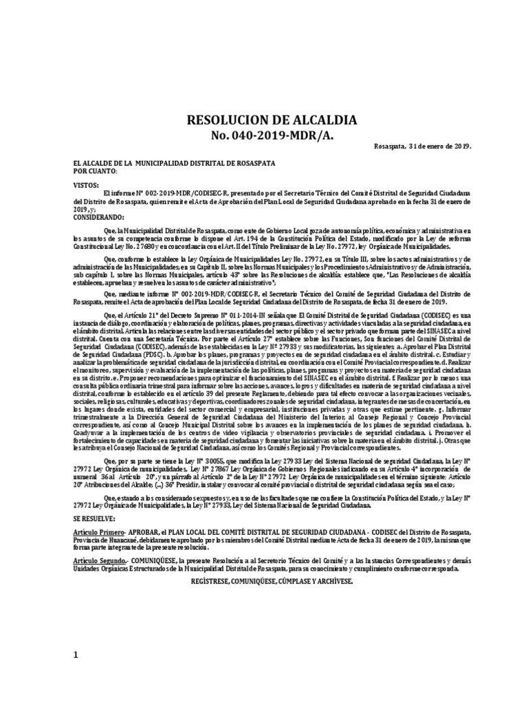 Resolucion de Alcaldia #040 Aprobar El Plan Distritla Codisec | PDF ...