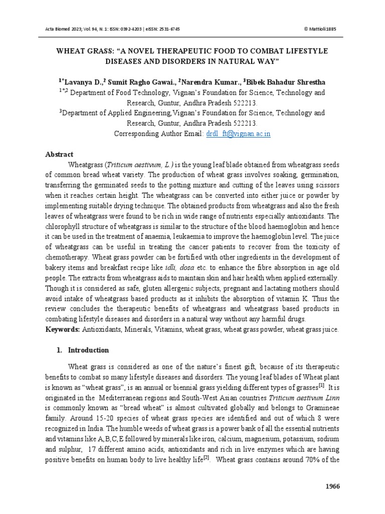 Wheat Grass A Novel Therapeutic Food To Combat Lifestyle Diseases and