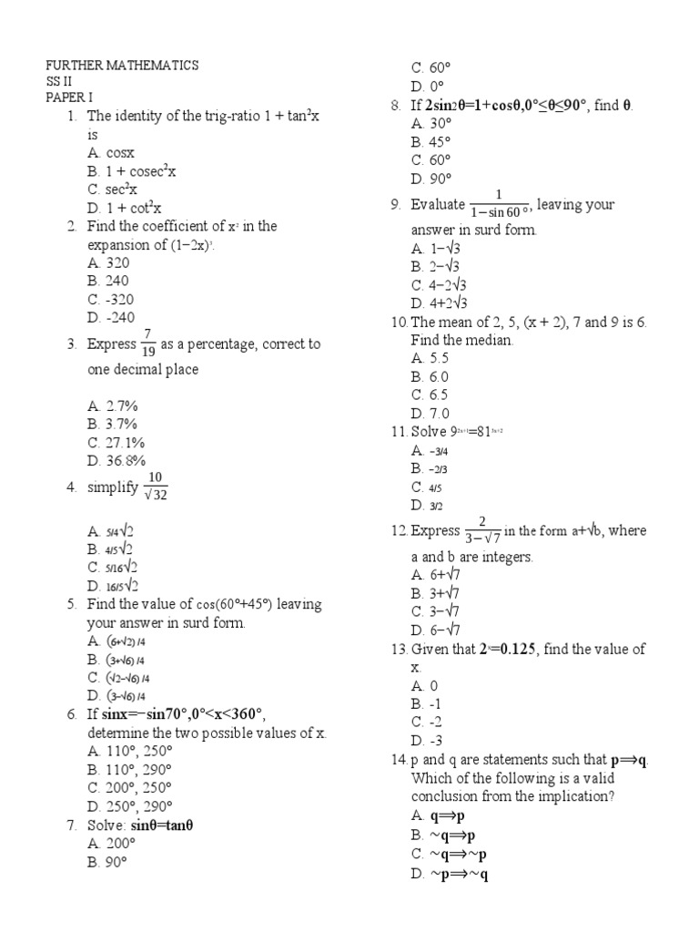SS1 Further Mathematics Questions | PDF | Mathematical Objects ...