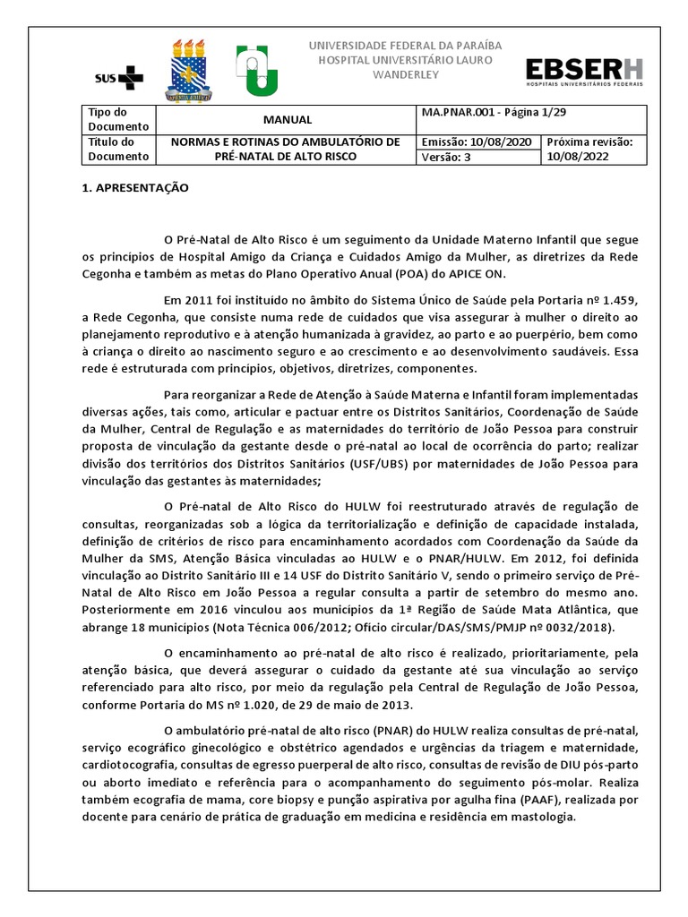 MA.PNAR.001 - NORMAS E ROTINAS DO AMBULATÓRIO DE PRÉ-NATAL DE ALTO ...