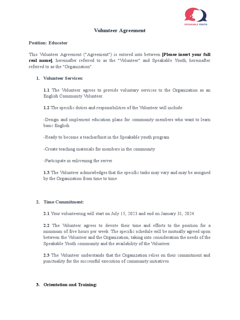 Zaki - Volunteer Agreement Draft Educator | PDF | Volunteering | Justice