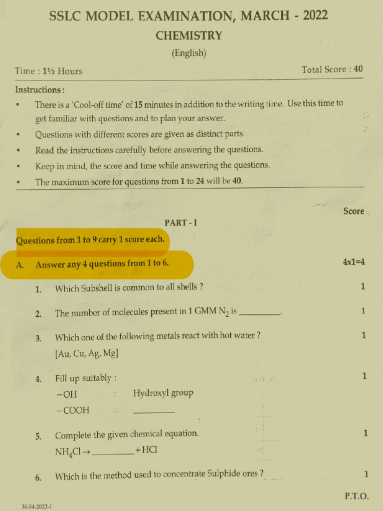 SSLC Model Exam CHEMISTRY Question Paper (EM) 2022 PDF