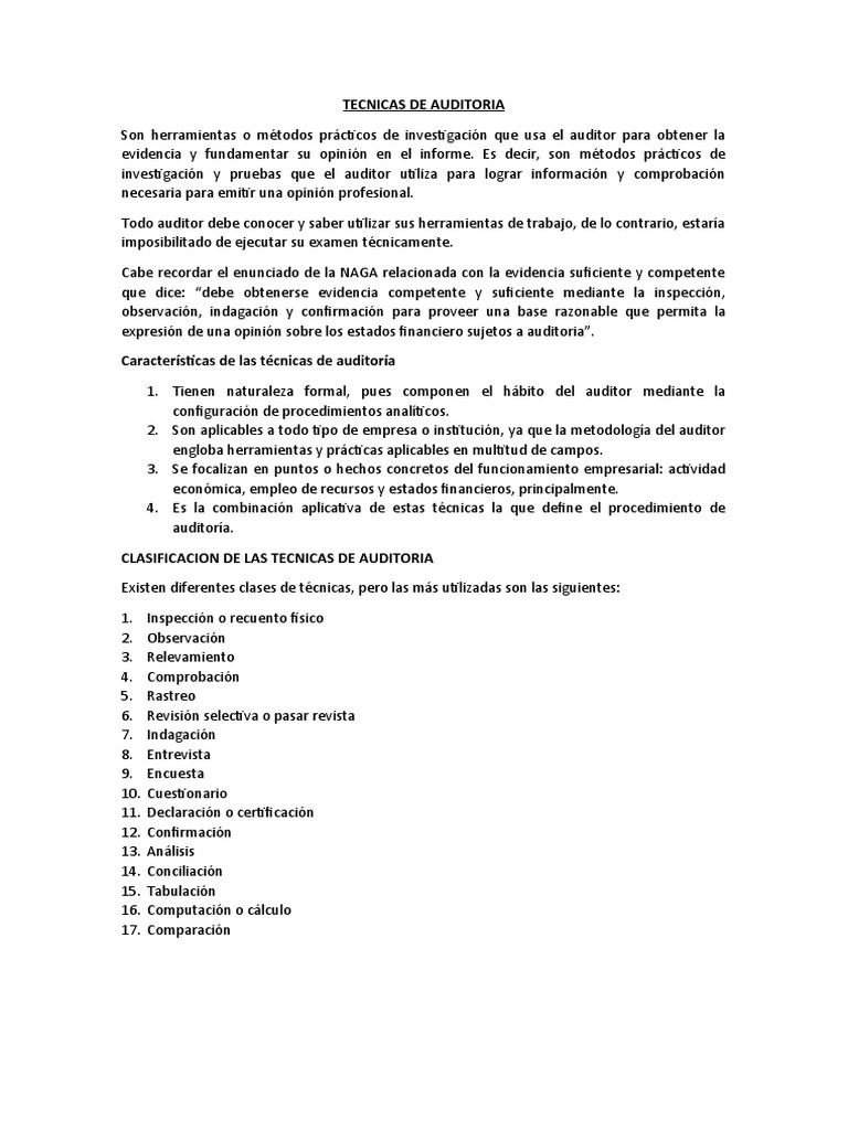 Tecnicas De Auditoria Pdf Auditoría Cuestionario