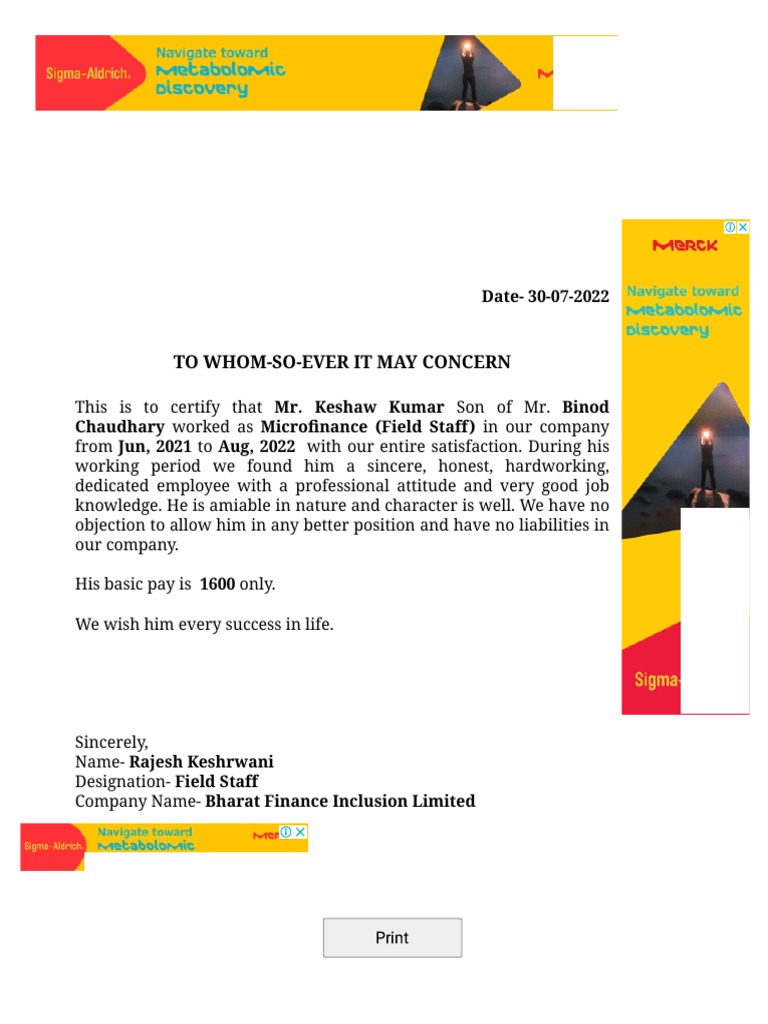 Bharat Finance Experience Certificate | PDF