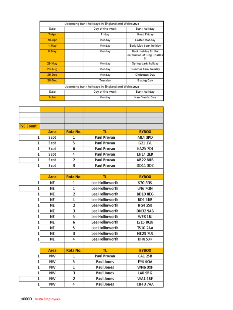 Vista Employee Rota and Holidays 2023 | PDF | Public Holiday | Observances