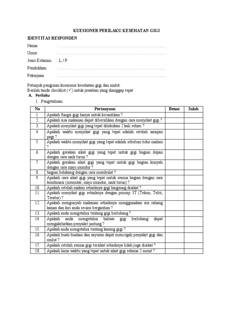 Kuesioner perilaku kesehatan gigi pdf