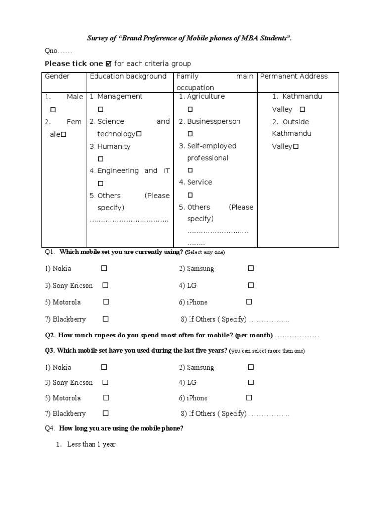 BRM Questionnaire Sample PDF I Phone Mobile Phones