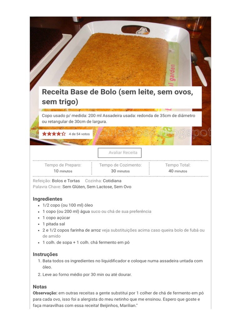 Receita Base de Bolo (sem leite, sem ovos, sem trigo)