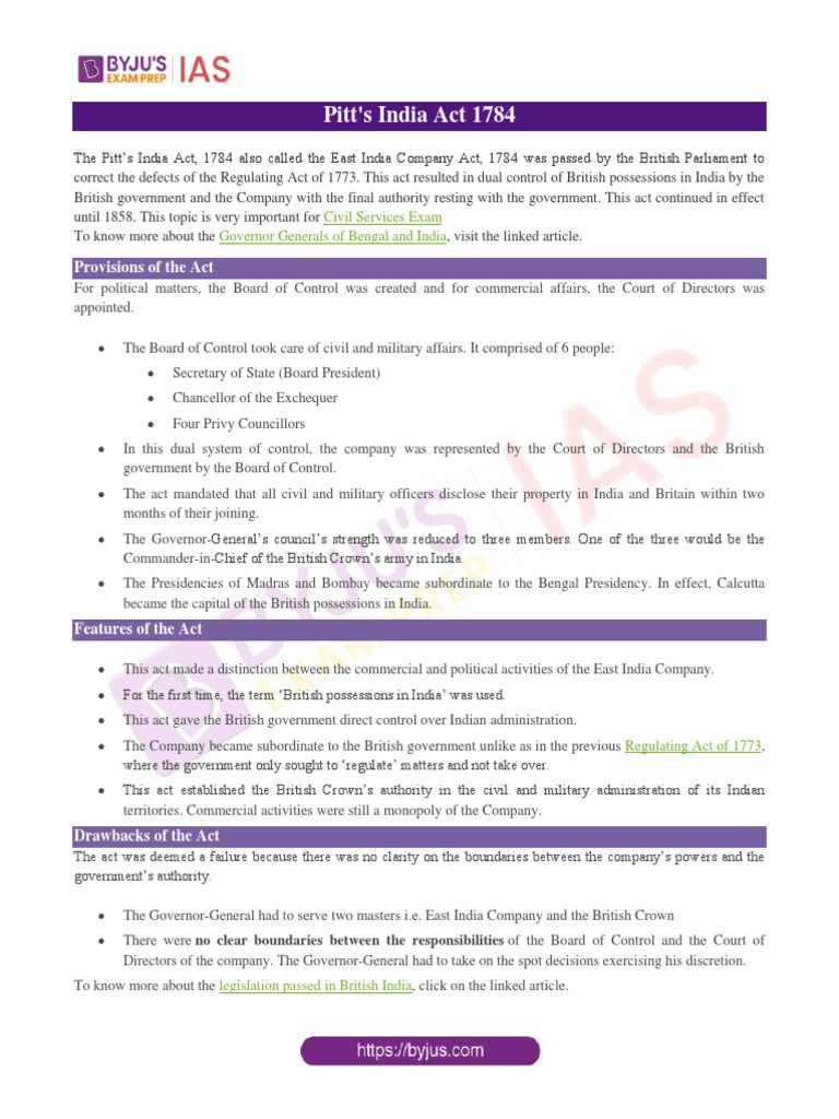 Pitt's India Act 1784: Key Provisions & Impact | PDF | Governance ...